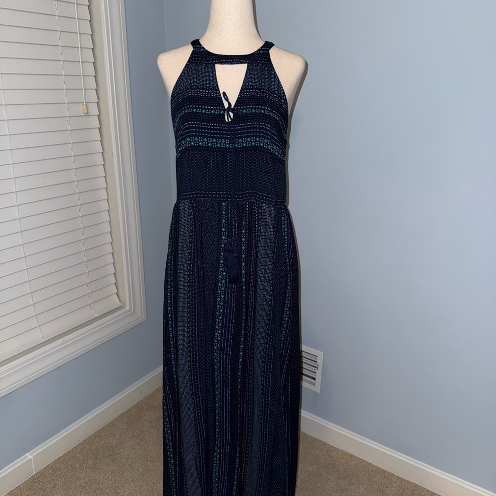 Navy Teal Blue Print Halter Maxi Dress